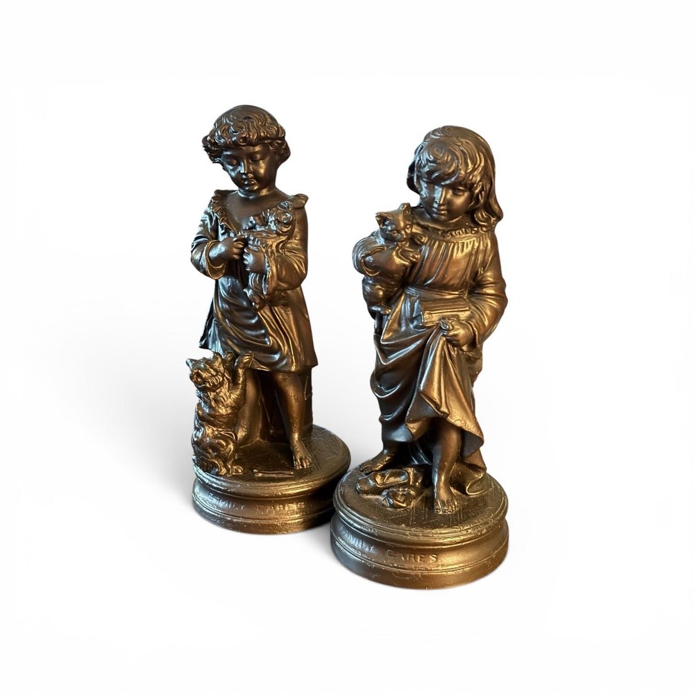 Vintage Pair Bronze Finish Children Figurines Family Cares Boy Girl Statues - Picture 2 of 11